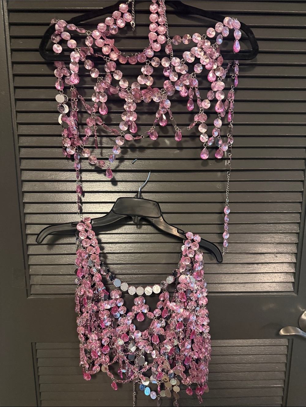 Pink Sequin Chain Fringe Crop Top Set